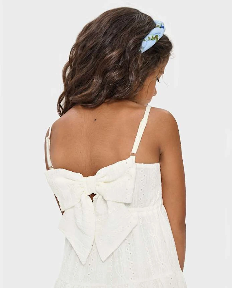 Girls Bow Back Eyelet Tiered Dress