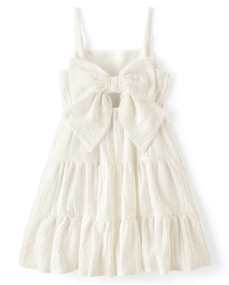 Girls Bow Back Eyelet Tiered Dress
