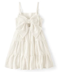 Girls Bow Back Eyelet Tiered Dress