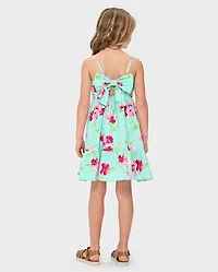 Girls Floral Bow Back Poplin Tiered Dress