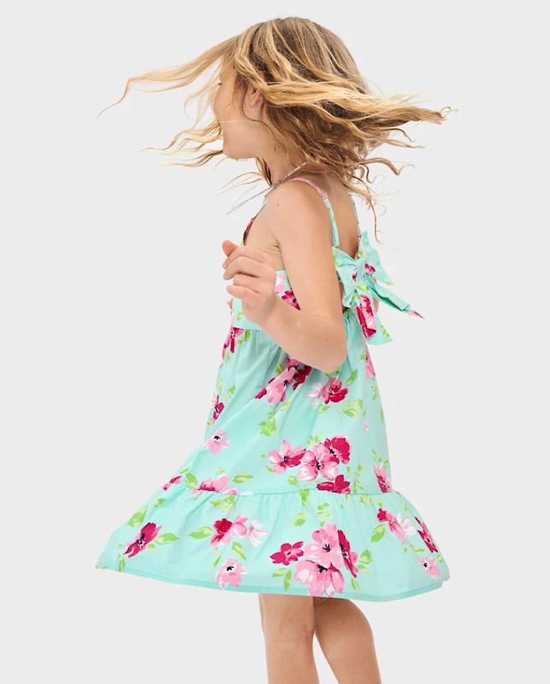 Girls Floral Bow Back Poplin Tiered Dress