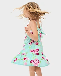 Girls Floral Bow Back Poplin Tiered Dress