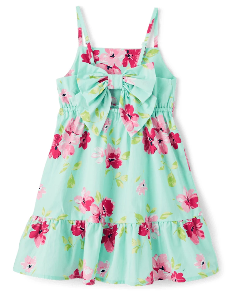 Girls Floral Bow Back Poplin Tiered Dress