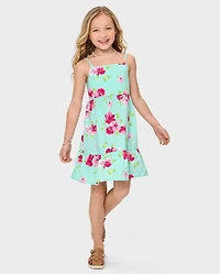 Girls Floral Bow Back Poplin Tiered Dress