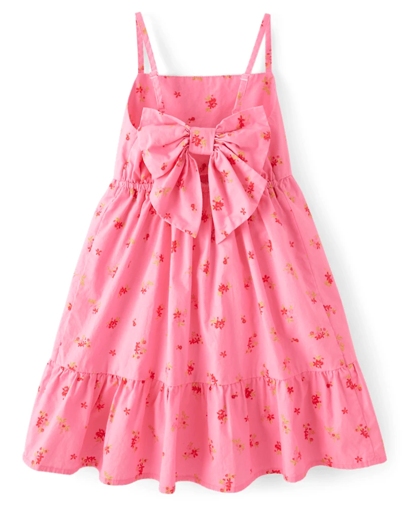 Girls Floral Bow Back Poplin Tiered Dress