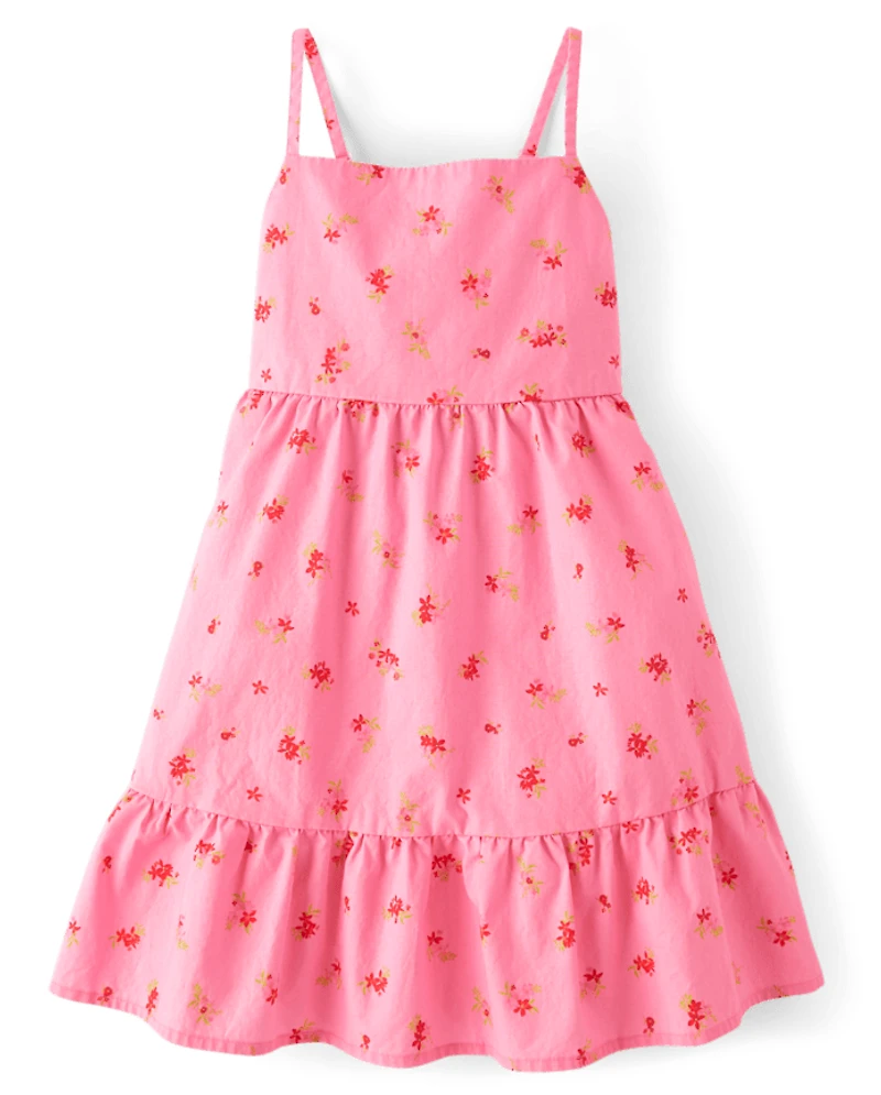 Girls Floral Bow Back Poplin Tiered Dress