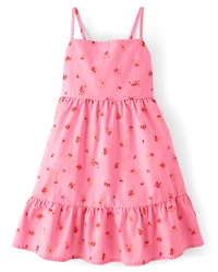Girls Floral Bow Back Poplin Tiered Dress
