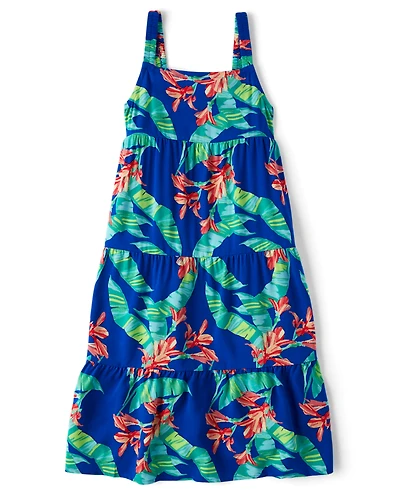Girls Matching Family Tropical Midi Tiered Dress