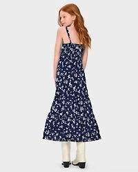 Girls Print Smocked Maxi Tiered Dress