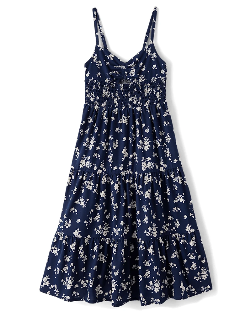 Girls Print Smocked Maxi Tiered Dress