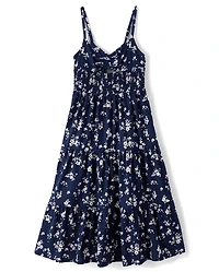 Girls Print Smocked Maxi Tiered Dress