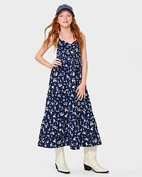 Girls Print Smocked Maxi Tiered Dress