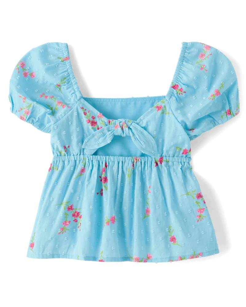 Girls Floral Clip Dot Tie Back Top