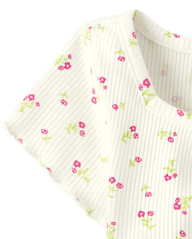 T-shirt court côtelé à fleurs pour bébé fille