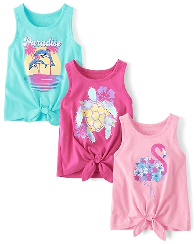 Girls Tropical Tie Front Tank Top 3-Pack