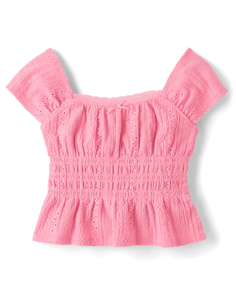 Girls Eyelet Smocked Top