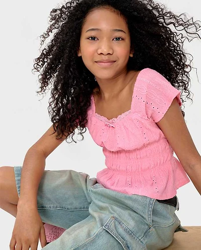 Girls Eyelet Smocked Top