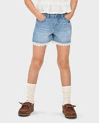Girls Lace Hem Denim Shortie Shorts