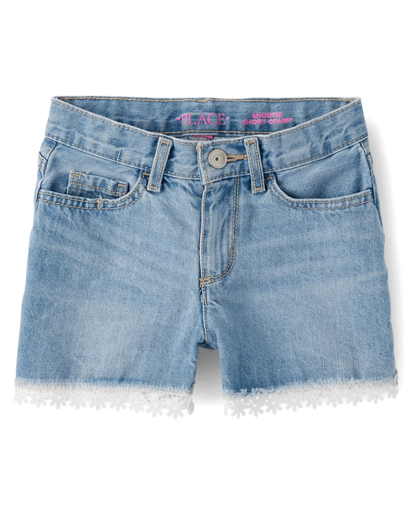 Girls Lace Hem Denim Shortie Shorts