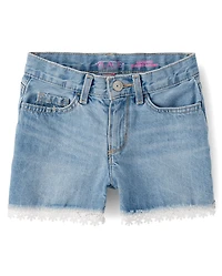Girls Lace Hem Denim Shortie Shorts