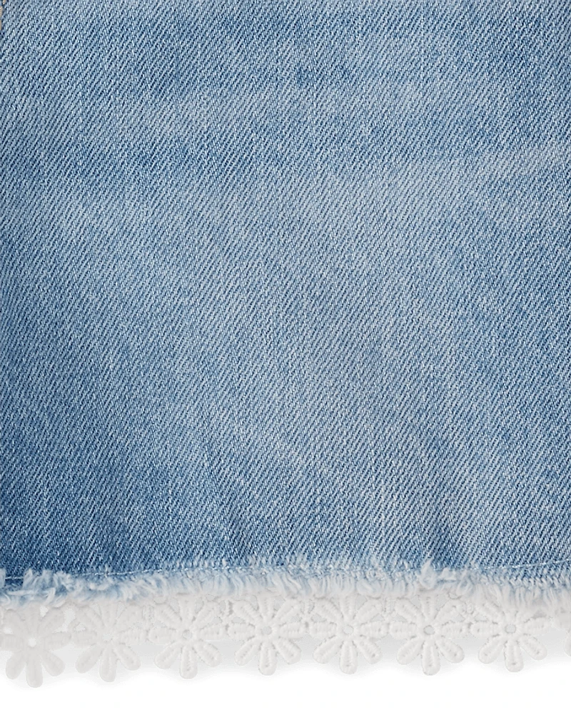 Girls Lace Hem Denim Shortie Shorts