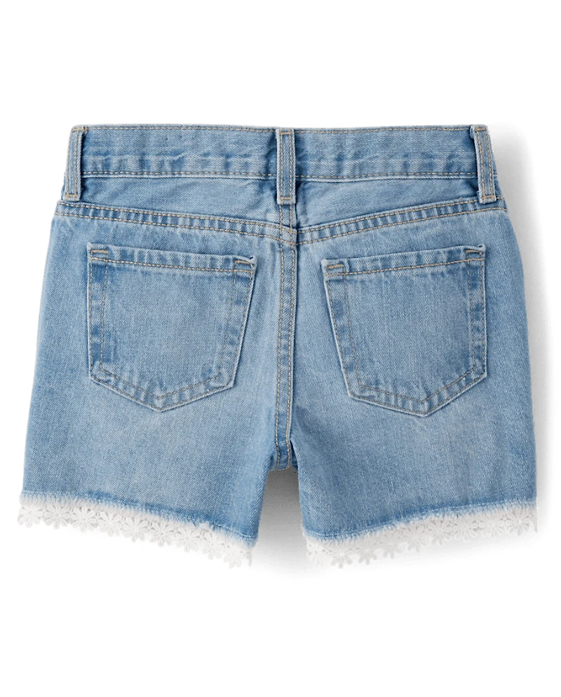 Girls Lace Hem Denim Shortie Shorts