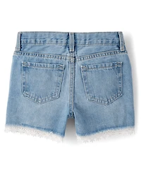 Girls Lace Hem Denim Shortie Shorts