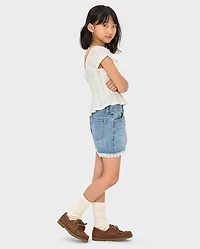 Girls Lace Hem Denim Shortie Shorts