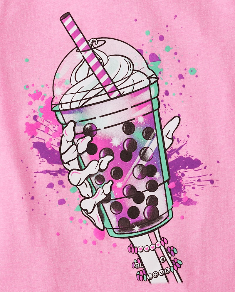 T-shirt graphique Halloween pour fille avec boisson squelette