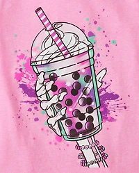 T-shirt graphique Halloween pour fille avec boisson squelette