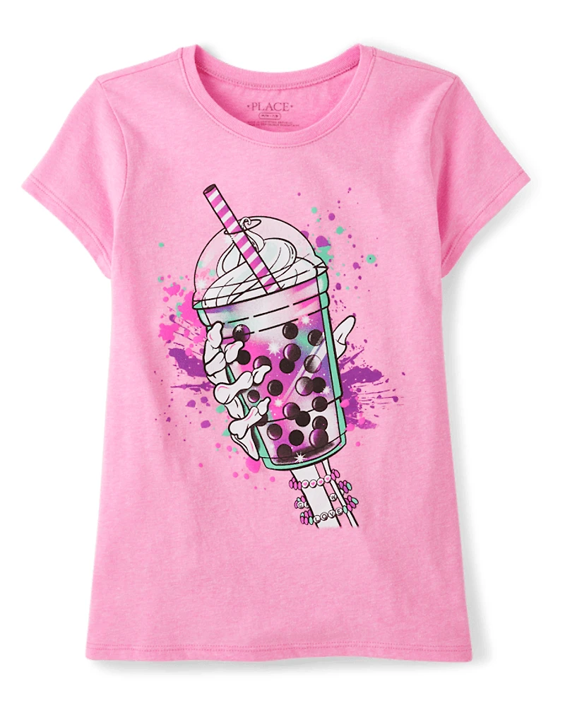 Girls Halloween Skeleton Drink Graphic Tee