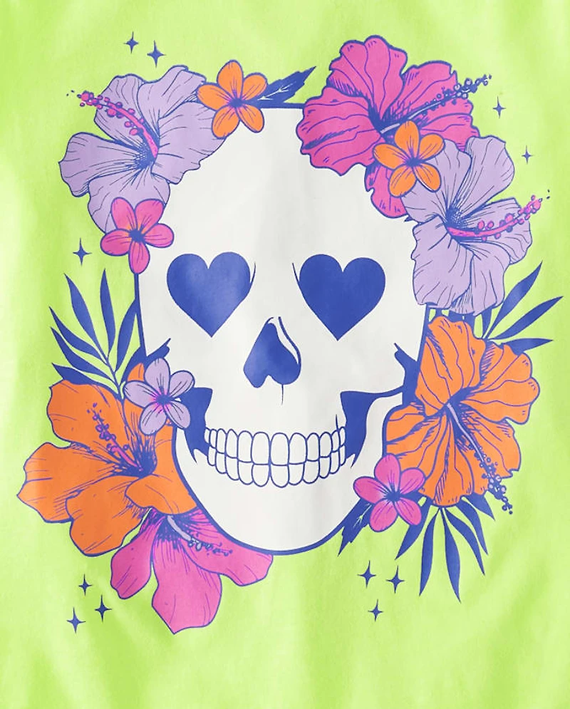 Girls Summerween Skull Flowers Graphic Tee