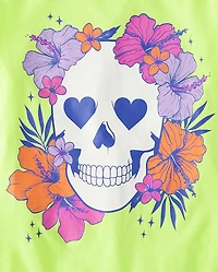 Girls Summerween Skull Flowers Graphic Tee