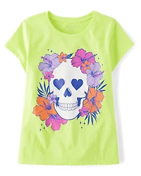 Girls Summerween Skull Flowers Graphic Tee