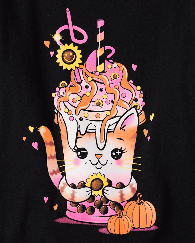 Girls Fall Cat Drink Graphic Tee