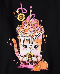 Girls Fall Cat Drink Graphic Tee