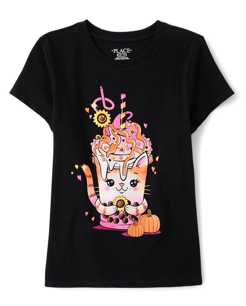 Girls Fall Cat Drink Graphic Tee