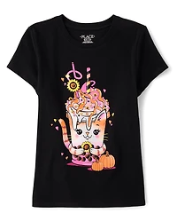 Girls Fall Cat Drink Graphic Tee