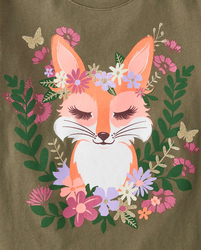Girls Flower Crown Fox Graphic Tee