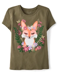 Girls Flower Crown Fox Graphic Tee
