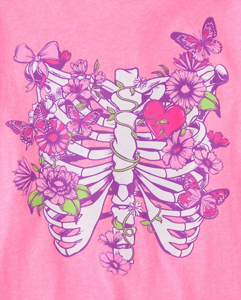 Girls Floral Skeleton Bones Graphic Tee