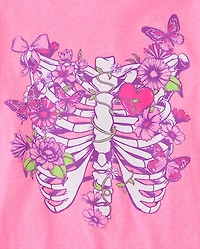 Girls Floral Skeleton Bones Graphic Tee