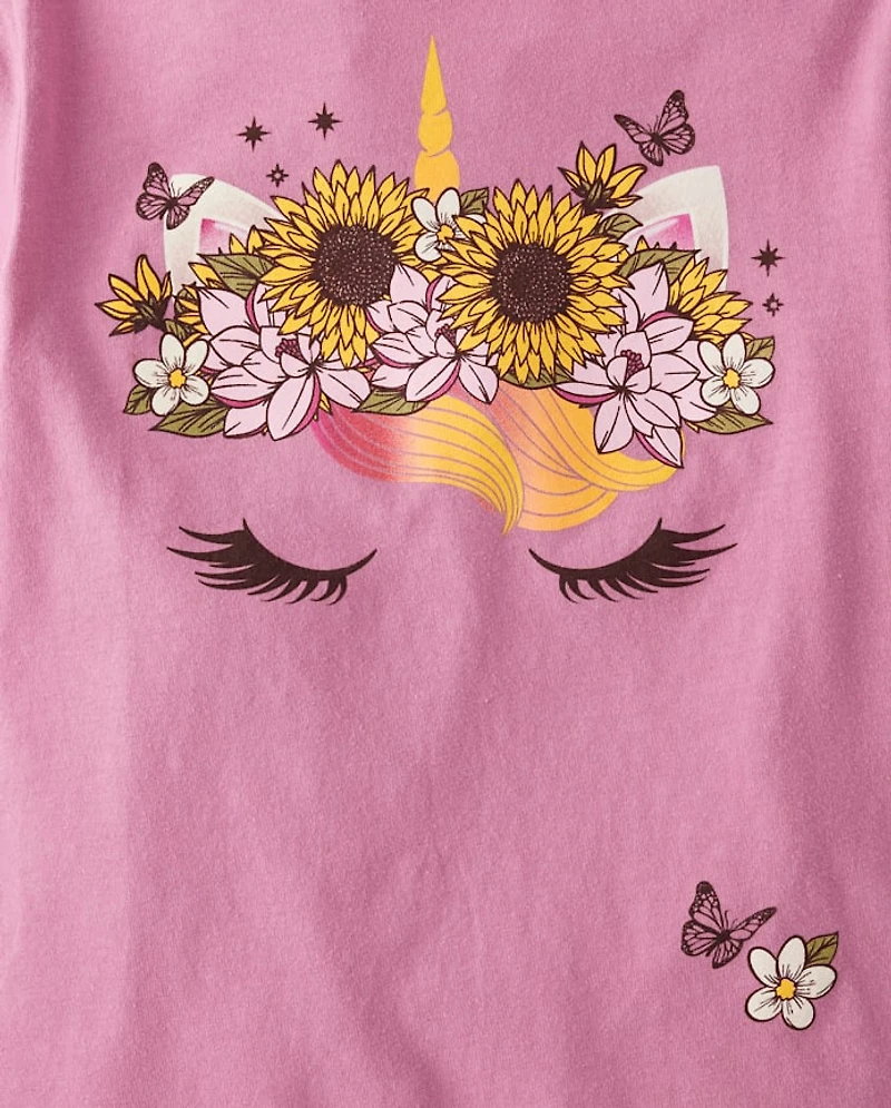 Girls Flower Crown Unicorn Graphic Tee