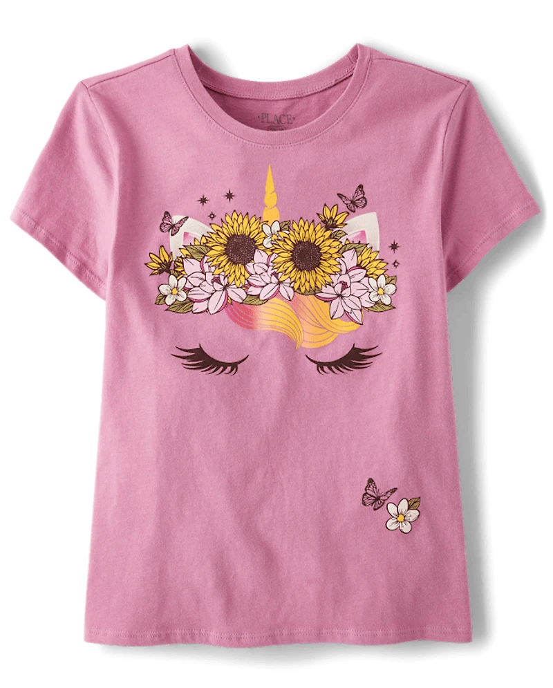 Girls Flower Crown Unicorn Graphic Tee