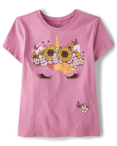 Girls Flower Crown Unicorn Graphic Tee