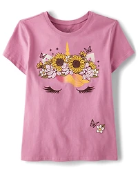 Girls Flower Crown Unicorn Graphic Tee