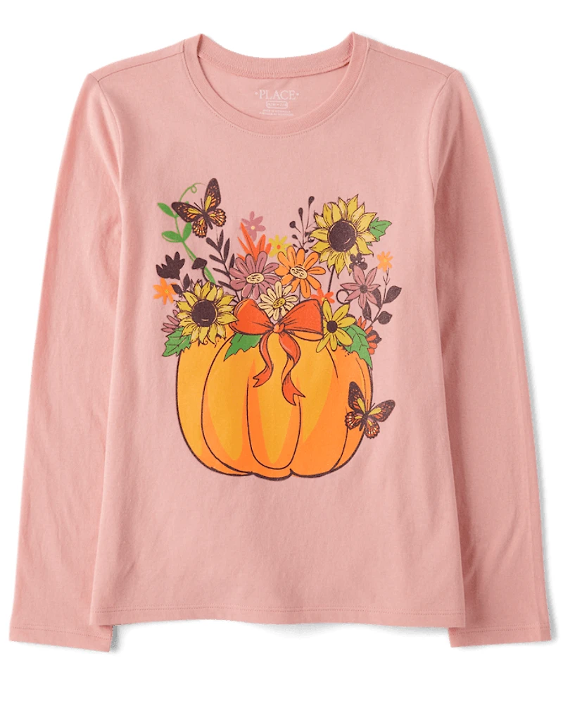 Girls Floral Pumpkin Graphic Tee