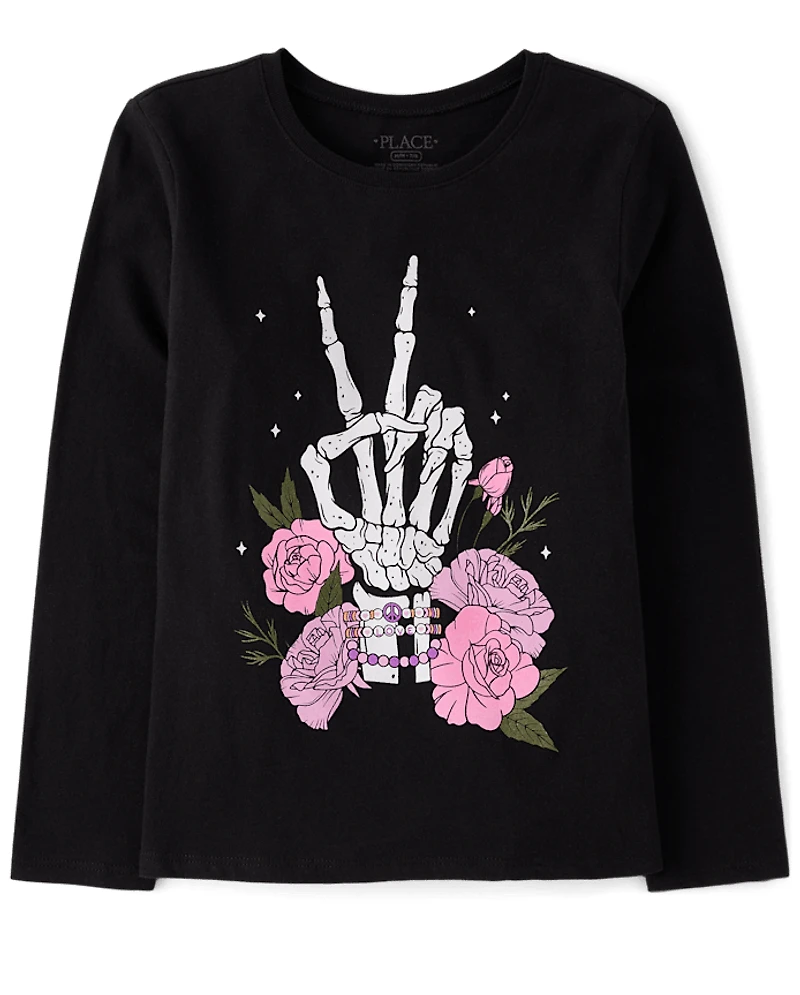 T-shirt graphique Glow Skeleton Peace pour filles