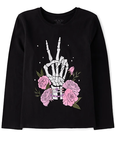 Girls Glow Skeleton Peace Graphic Tee