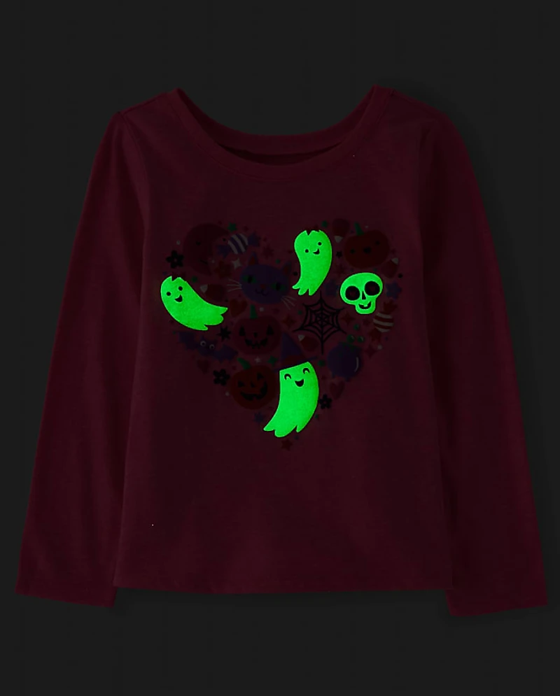 T-shirt graphique à motifs de gribouillages d'Halloween phosphorescents pour bébés et petites filles